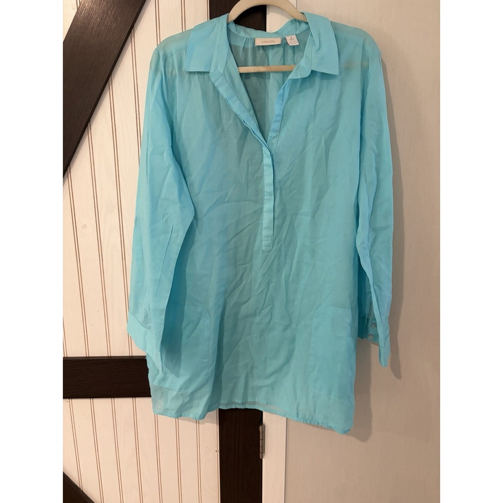 Chico's Women 2 L Blue Cotton Tunic Half Button Front Pockets Roll Tab Blouse